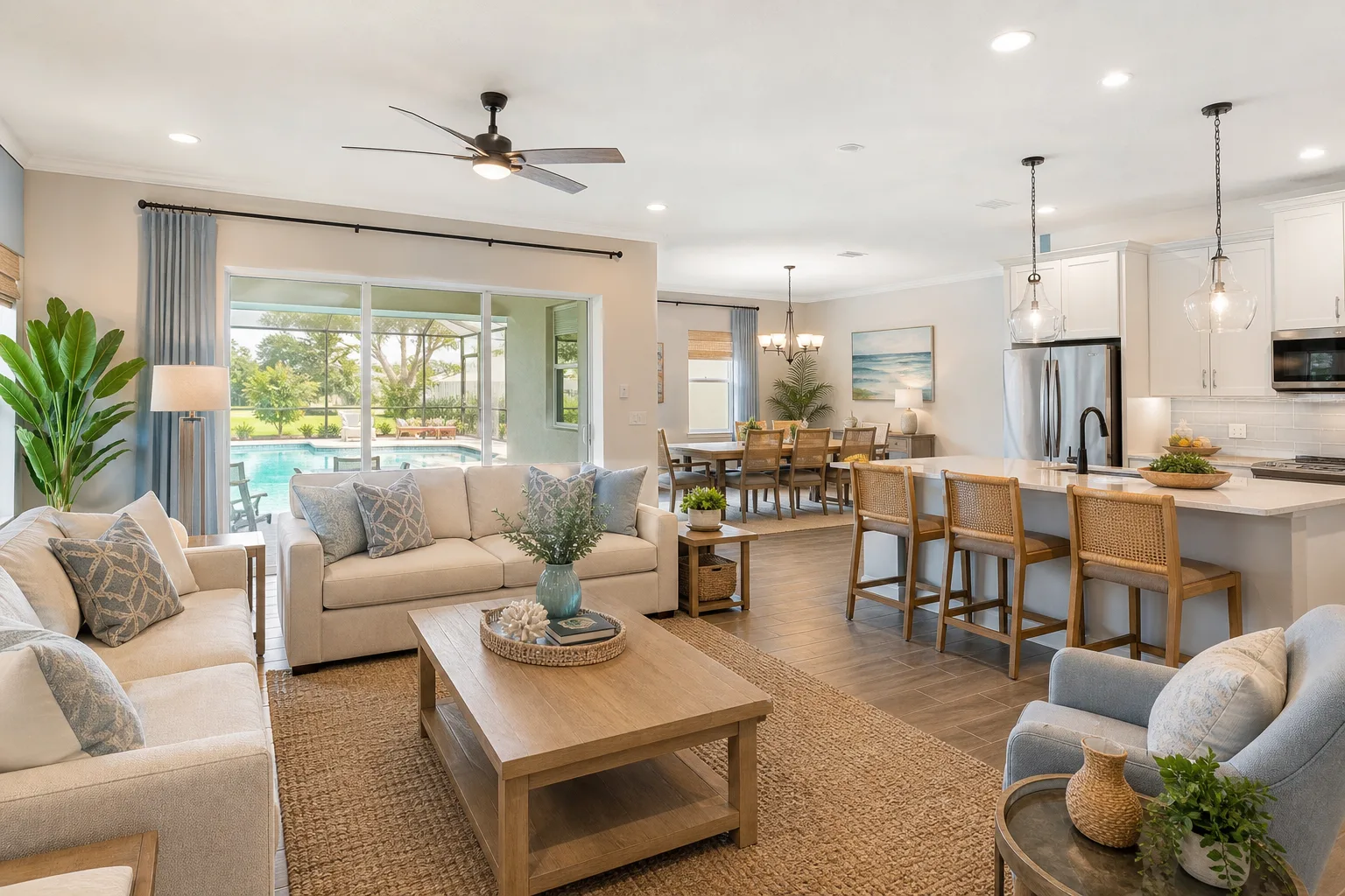 Open-concept vacation rental living room, dining area, and kitchen with neutral turnkey furniture near Disney