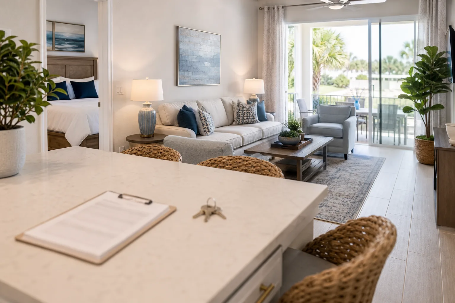 Furniture installation handoff inside a Central Florida vacation rental with staged decor and guest-ready completion