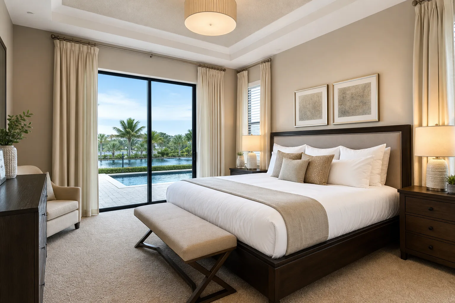 Vacation rental primary bedroom with hotel-like bedding, warm neutral palette, and luggage-friendly layout