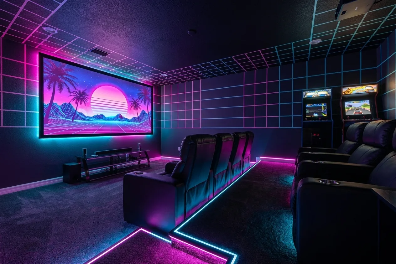 Neon Arcade theater room design rendering