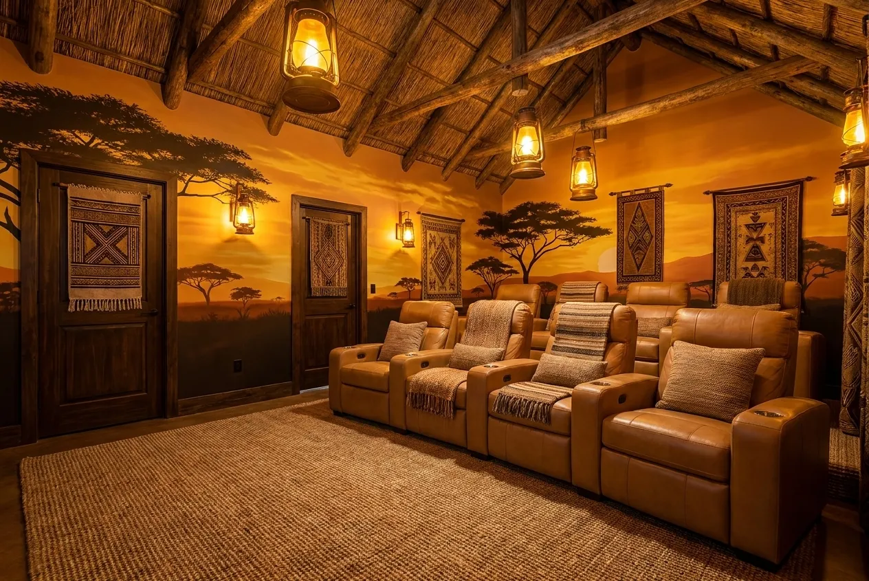 Safari Lodge theater room design rendering