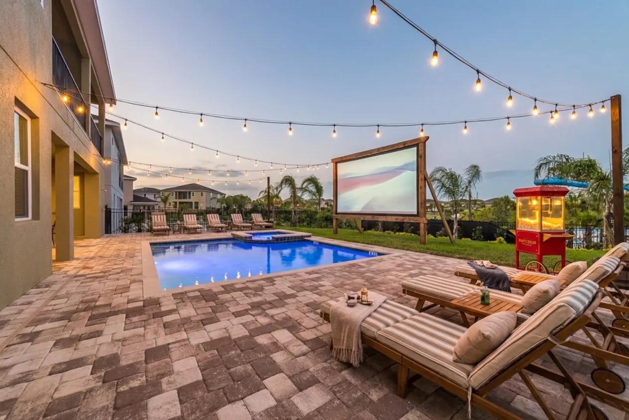 Backyard Drive-In outdoor pool theater design rendering