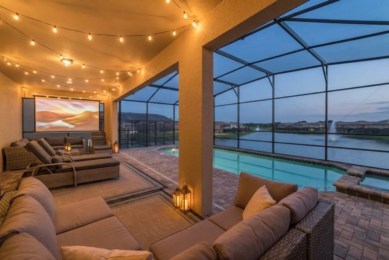 Lanai Movie Lounge outdoor pool theater design rendering