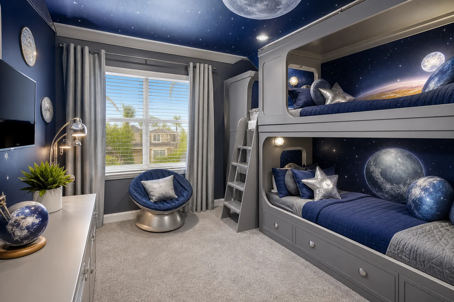 Space adventure themed bedroom for family vacation rentals