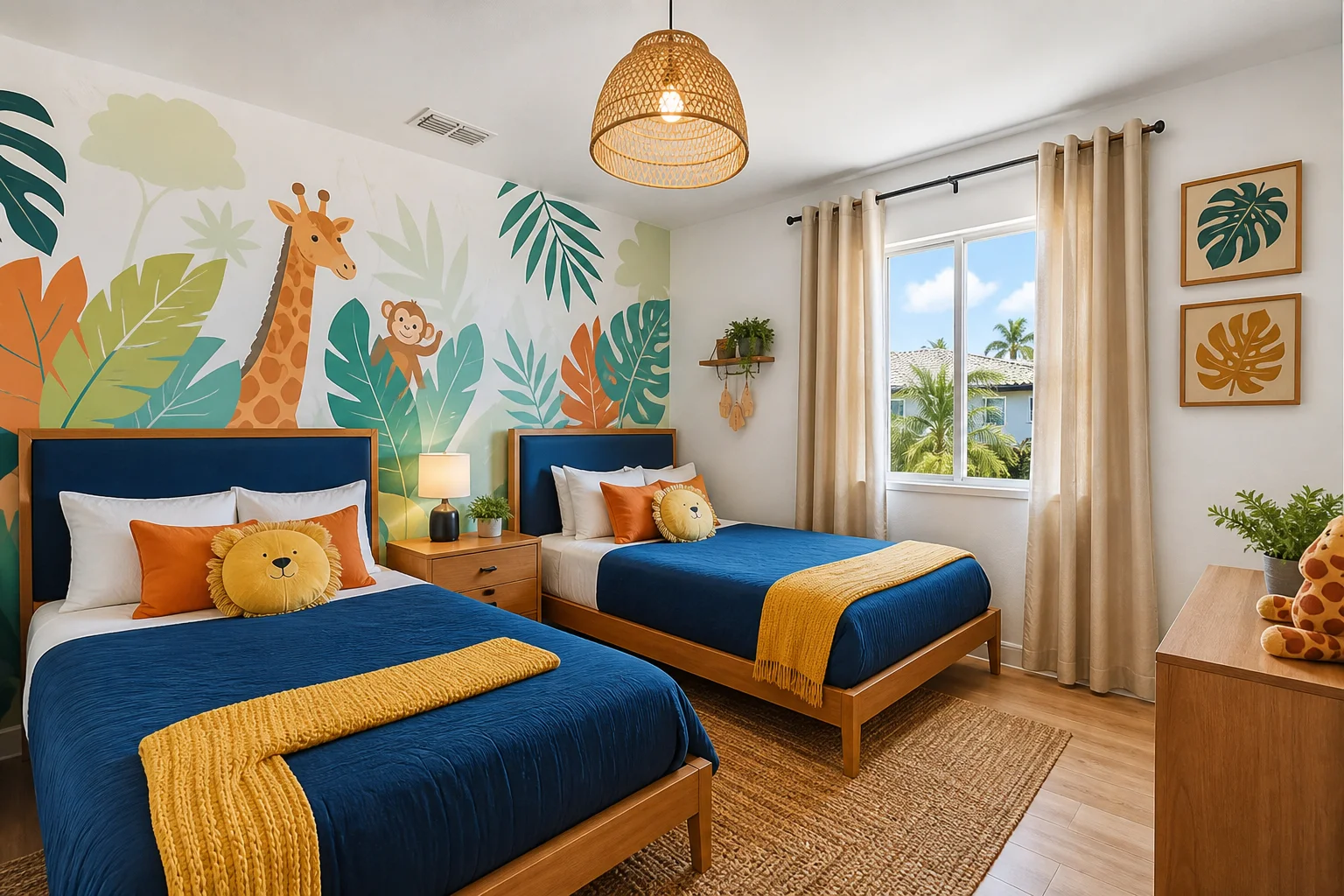 Neutral premium kids bedroom with custom bunk in vacation rental