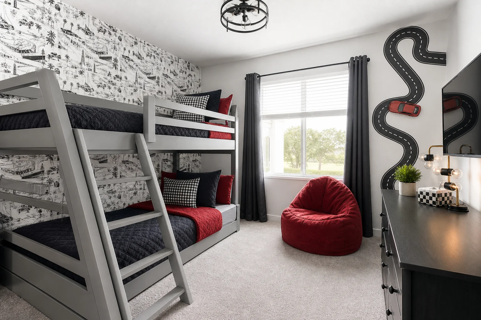 Davenport Airbnb theme room with vacation rental bunk beds.