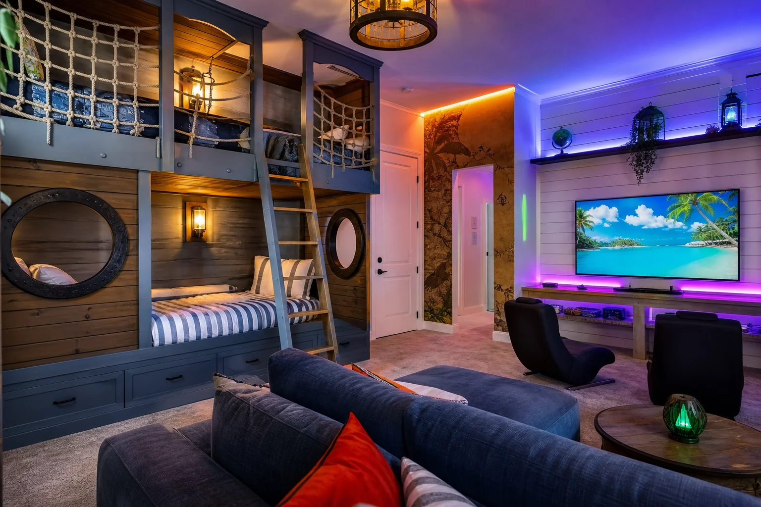 Arcade-inspired themed bedroom near game space in vacation rental